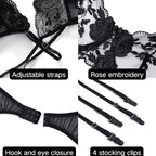 Women Sexy Lace Floral Embroidery Garter Lingerie Set 3 Piece Push Up Underwire Mesh Bra and Panty Babydoll Outfit