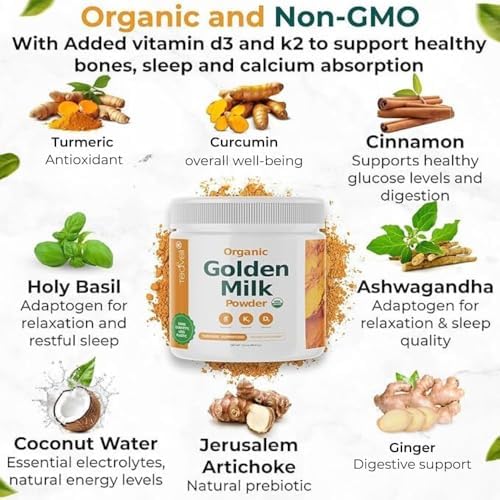 Organic Golden Milk Powder with Vitamins D3 & K2, Turmeric, Ginger, Curcumin, Cinnamon, KSM66 Ashwagandha, Holy Basil & Natural Prebiotics– Delicious Unsweetened Turmeric Tea Latte- 30 Servings