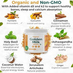 Organic Golden Milk Powder with Vitamins D3 & K2, Turmeric, Ginger, Curcumin, Cinnamon, KSM66 Ashwagandha, Holy Basil & Natural Prebiotics– Delicious Unsweetened Turmeric Tea Latte- 30 Servings