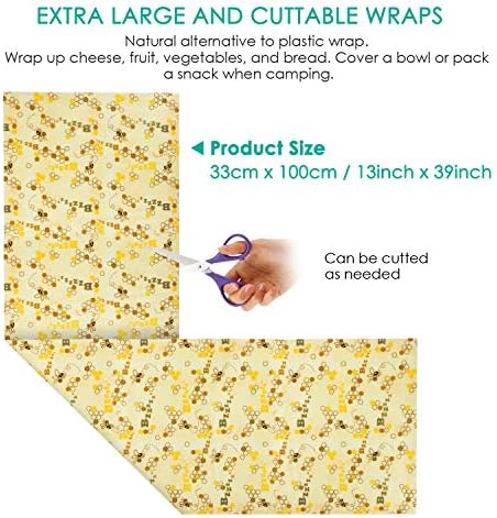 Reusable Beeswax Wraps 13 x 39 Inch Beeswax Wraps for Food Eco-Friendly Sustainable Food Storage Wraps for Sandwich, Cheese, Fruit, Bread, Snacks