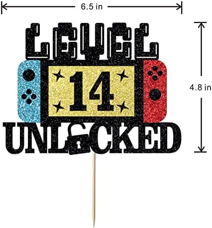 Level 14 Unlocked Cake Topper, Happy 14th Birthday Cake Topper, Video Game Controller Theme Birthday Party Decoration, Glitter Level 14th Game Theme for Kids Boy Girl Bday Party Decorations