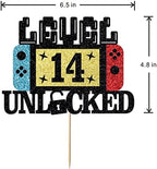 Level 14 Unlocked Cake Topper, Happy 14th Birthday Cake Topper, Video Game Controller Theme Birthday Party Decoration, Glitter Level 14th Game Theme for Kids Boy Girl Bday Party Decorations