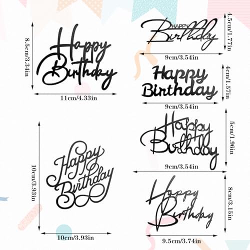 6 Pcs Happy Birthday Cake Topper Side Mirror Acrylic Sign Decorations Black Inserts Decor Supplies Cupcake Toppers for Party Dessert