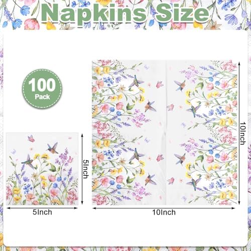 NatNarr 100 Pcs Wildflower Napkins, 2-Ply Floral Cocktail Napkins Spring Decoupage Napkin Butterfly Hummingbird Flower Dessert Beverage Napkin for Easter Baby Shower, Tea Party