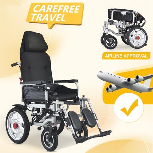 Reclining Backrest Electric Wheelchair, Foldable Motorized Wheelchairs for Adults and Seniors Support 320lbs,Airline Approved,25 Miles Longer Range All Terrain Durable Power Wheelchair, 500W Motor