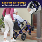 Drive Medical Lightweight Expedition Folding Transport Wheelchair with Hand Brakes - Portable Support - Large Rear Wheels - Compact Folding - Comfortable Design - Blue