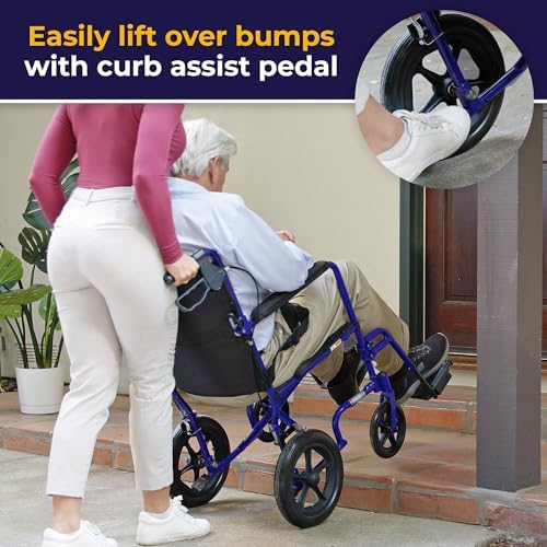 Drive Medical Lightweight Expedition Folding Transport Wheelchair with Hand Brakes - Portable Support - Large Rear Wheels - Compact Folding - Comfortable Design - Blue