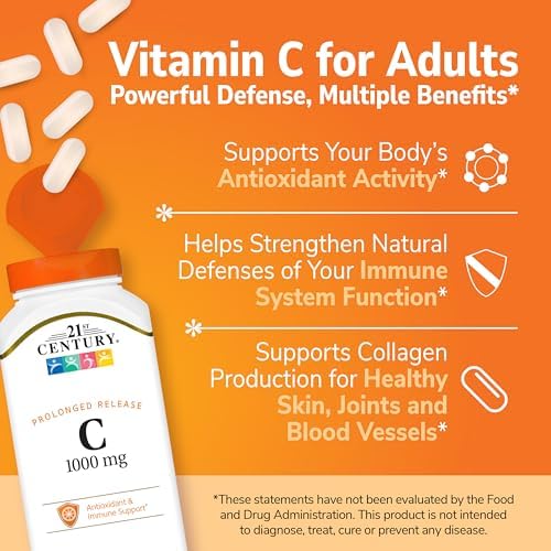 21st Century Vitamin C 1000mg Prolonged Release Tablets (110 Count), Ascorbic Acid Immune Support Vitamin C Supplement for Women & Men with Antioxidant Support, Non-GMO, Gluten Free, Vegan