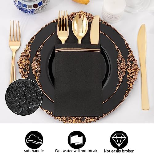 Nervure 100PCS Black Paper Napkins with Built-in Flatware Pocket - Black and Gold Prefolded Cloth Like Disposable Napkins - Heavy-duty Linen-Feel Dinner Napkins for Party & Halloween & Father's Day