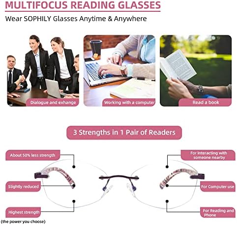 Progressive Multifocus Reading Glasses for Women Multifocal Rimless Womens Readers Trifocal Blue Light Blocking