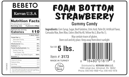 Kervan Candy Bebeto Foam Bottom Strawberry Gummies - Fruity, Soft & Sweet Gummy Candy Bulk for Kids, Gift Snacks and Parties - Strawberry Gummies Big Party Size Bag (5 lbs)