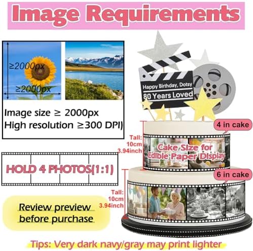 Custom Edible Cake Wrap Topper – 4 Photos (1:1), Film Strip Border, 10.2in L × 3in H