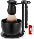 Amazing Razor Shaving Kit - Black Men's Shaving & Grooming Set - Safety Razor, Brush, Stand, Soap Bowl, Stainless Blades