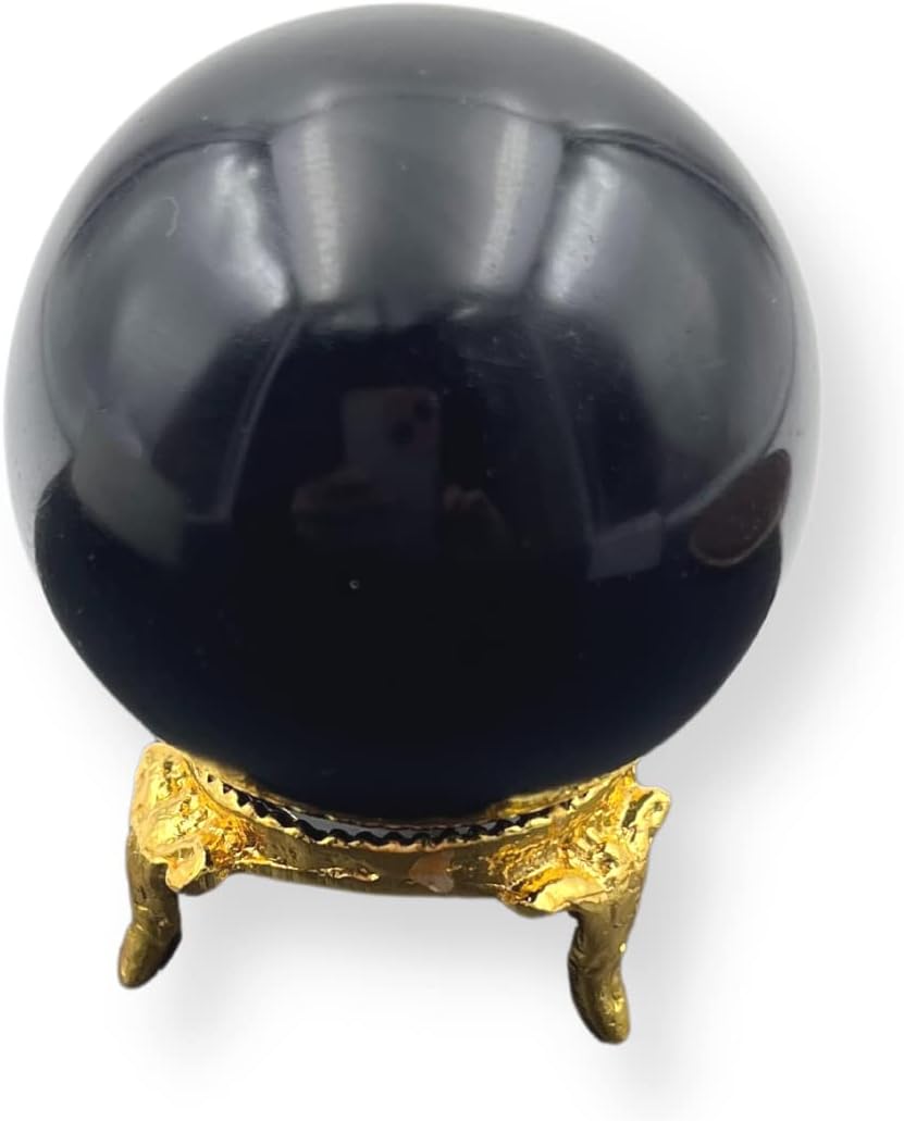 WholesaleGemShop Natural Black Obsidian Quartz 40-45 mm Ball Sphere Gemstone A+ with Stand Hand Carved Crystal Altar Healing Devotional Focus Spiritual Chakra Cleansing Metaphysical Gift for Men Women