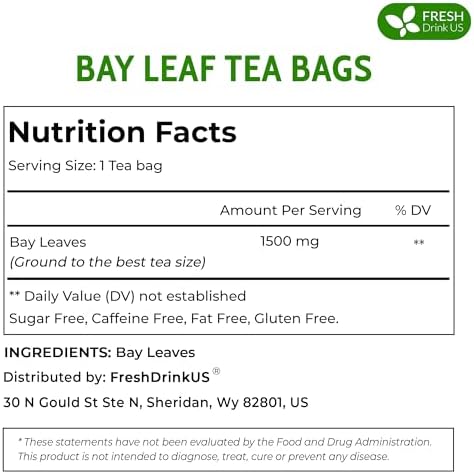 FreshDrinkUS, Premium 105 Bay Leaf Tea Bags, 100% Natural & Pure from Bay Leaves. Loose Leaf Bay Herbal Tea. Made with Natural Material Tea Bags, No Sugar, No Caffeine, No Gluten, Vegan.