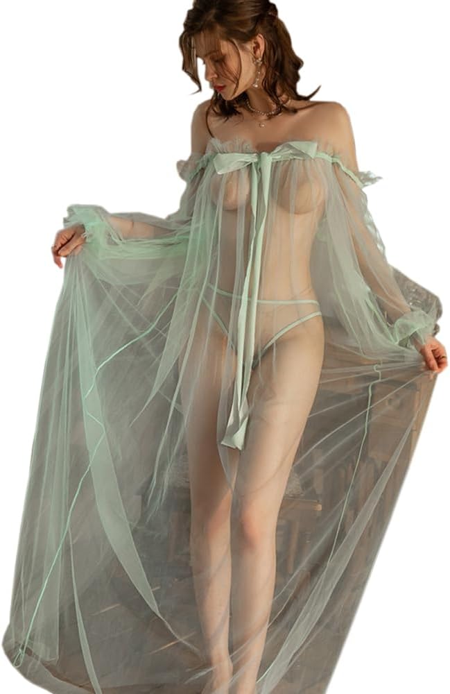 Women Sexy Long Lace Dress Sheer Gown See Through Babydoll Lingerie Bridal Robe