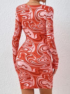 Women's Graphic Cut Out Mini Dress V Neck Metal Ring Bodycon Long Sleeve Dress