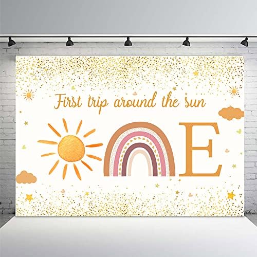 MEHOFOND 7x5ft First Trip Around The Sun Backdrop for 1st Birthday Party Decorations Supplies Boho Sun 1st Birthday Banner Photography Background Party Decor