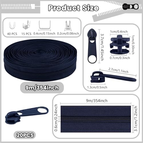 DOITEM 10 Yards Nylon Coil Zipper by The Yards, #5 Bulk Zippers for DIY Sewing Craft Bags with Replacement 20PCS Sliders (Navy Blue, #5)