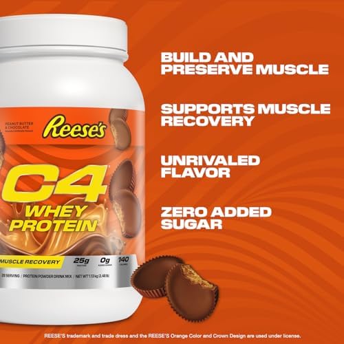C4 Whey Protein Powder, Reese's Peanut Butter & Chocolate - 25g Protein, 0g Added Sugar, 140 Calories Per Serving, Supports Muscle Recovery, 28 Servings, Premium Whey for Post-Workout