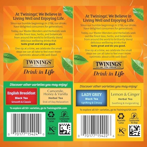 Twinings Tea Variety 2-Pack – Earl Grey + Irish Breakfast, Caffeinated Black Tea Bags, Individually Wrapped, 20 Count Each