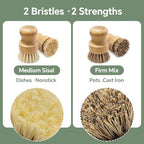 Bamboo Dish Brush Set, 4 Pack, Plastic-Free (2 Medium Sisal, 2 Firm Coconut Coir), Dish Scrubber & Vegetable Brush for Cast Iron, Nonstick