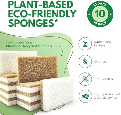 10 Pack Biodegradable Natural Kitchen Sponge - Compostable Cellulose and Coconut Walnut Scrubber Sponge - Eco Friendly Sponges for Dishes