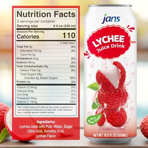 Lychee Juice Drink with Pulp, 16.9 oz (Bulk Pack of 12) by Jans — Fat-Free, Cholesterol-Free, Refreshing Taste of the Tropics