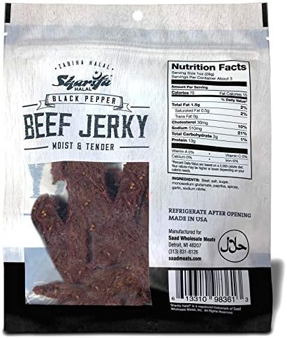 Sharifa Halal Beef Jerky, Black Pepper, (1) 2.85 oz. Bag – Great Everyday Halal Jerky Beef Meat Snack, 100 % Real Zabiha Halal Beef, 13g of Protein, 70 Calories, 0g Trans Fat, & 2g of Carbohydrates
