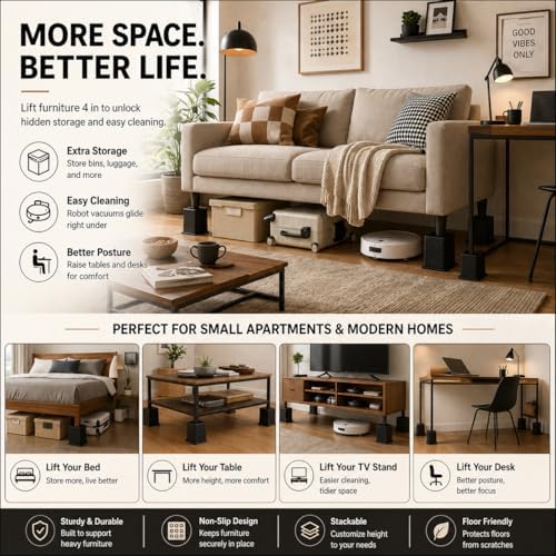 BTSD-home 4 inch or 8 inch Bed Risers Heavy Duty Stackable Furniture Risers Bed Lifts Risers for Couch, Sofa, Desk or Table Legs Extenders Set of 4