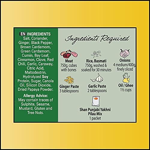 Shan Punjabi Yakhni Pilau Recipe and Seasoning Mix 1.76 oz (50g) - Spice Powder for Mild Punjabi Style Meat Pilaf - Suitable for Vegetarians - Airtight Bag in a Box