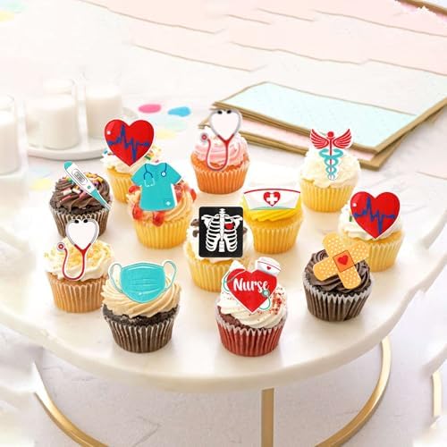 60 Pack Edible Nurse Cupcake Toppers Wafer Paper Nursing School Graduation Medical Instruments Cupcake Picks Medical Rn Nurse Grad Birthday Cake Decorations Party Supplies Style 2