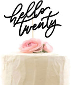 Hello Twenty Cake Topper, Happy 20th Birthday Cake Decorations, Handwriting Script 20th Anniversary Party, Black Glitter