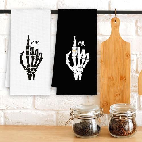 Mr and Mrs Couple Valentines Kitchen Towels Set of 2, Gothic Skull Lovers Hand Towels Decor Gifts for Wedding Wife Bride Bathroom, Black And White Skeleton Dish Tea Bar Towel for Home 16x24in