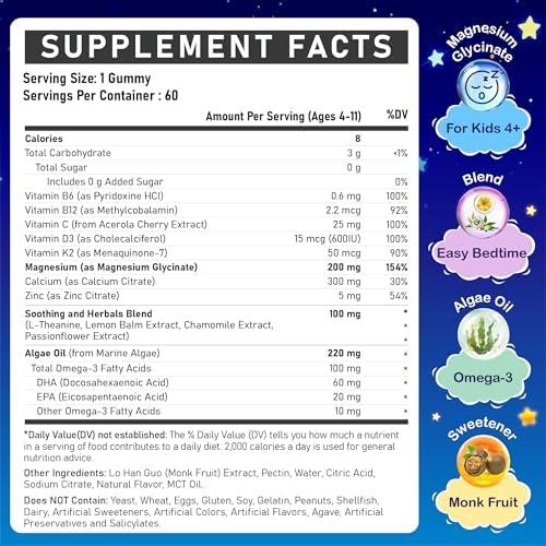 Kids Magnesium Glycinate Gummies - Magnesium Glycinate Supplement 200mg with L-theanine Omega-3 Calcium Vitamin D3 & B12 for Kids Natural Zzz at Bedtime & Overall Health - Sugar Free & Non-GMO
