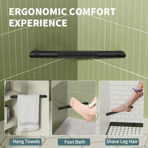 BWE Matte Black Shower Foot Rest Bar, Stainless Steel Bar Corner Shower Foot Rest for Shaving Legs, Non-Slip Knurled Shower Step, Wall Mounted Bathroom Shower Shaving Foot Rest