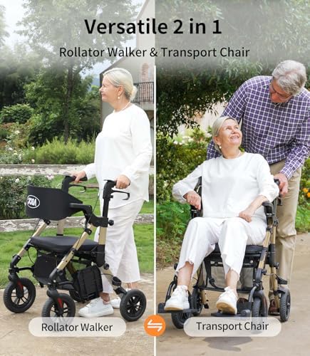 VOCIC Walkers-for-Seniors, Rollator-Walker-with-Seat, Transport-Wheelchair-Lightweight-Foldable, Adult Rolling Walker, Rollator Transport Chair with Brakes, 2 in 1 Walker Wheelchair Combo Z51