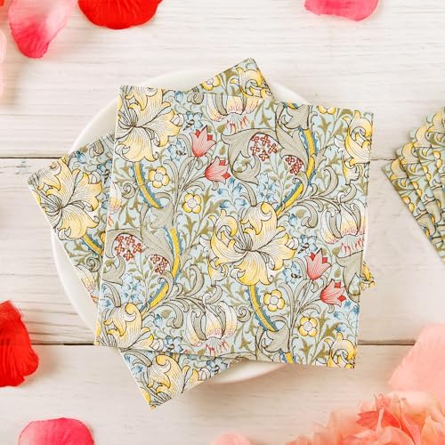 Quera 50 Pack William Morris Cocktail Napkins Golden Lily White Paper Napkins Beverage Napkins Disposable Paper Party Napkin Pack Decoration 5 "X 5"