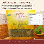 Darsa Organics Whole Green Moong (Mung) Bean Lentils 2 lb – USDA Organic, Non-GMO, Kosher, Gluten-Free | Protein & Fiber Rich | Perfect for Sprouting, Soups & Salads