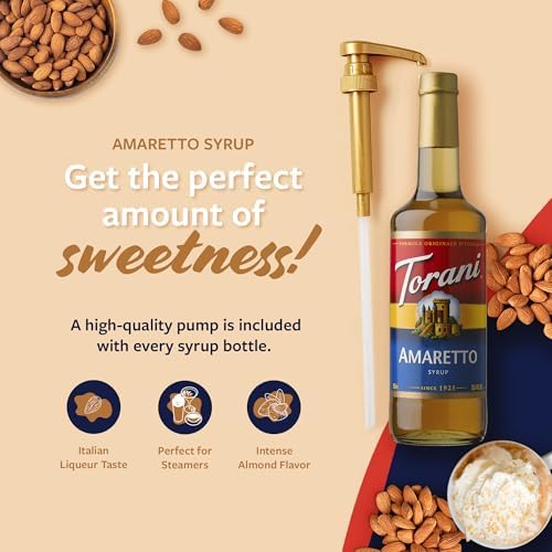 Torani Coffee Syrup, Amaretto Flavoring for Drinks, Glass Bottle with Pump Included, 25.4 Fl Oz