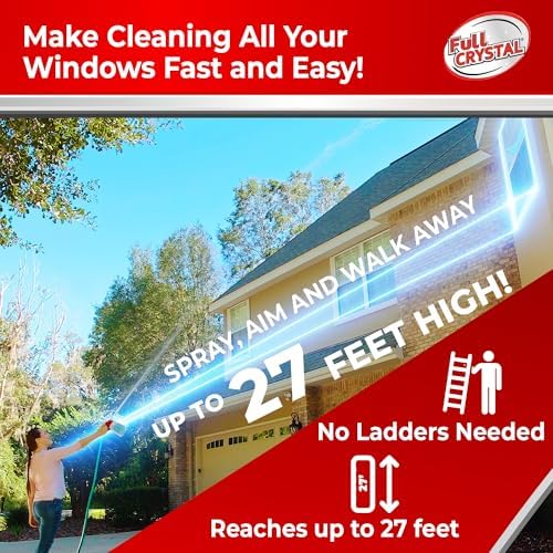 Full Crystal Window Cleaning Kit – 16 oz Glass Cleaner and Bottle with 27 ft Reach, Each 4 oz Bag Makes Up to 640 fl oz, Cleans Up to 80 Windows, Scrub-Free, Rinse-Free