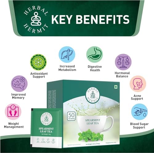 Spearmint Tea Bags - 50 Tea Bags - Pure Spearmint Leaves - Caffeine Free Herbal Tea - Natural Digestive Support & Breath Freshener - Non-GMO