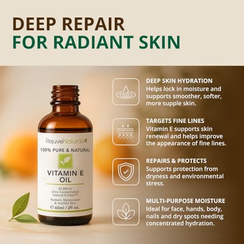 Vitamin E Oil - 100% Pure & Natural, 42,900 IU. Repair Dry, Damaged Skin from Surgery & Acne, Age Spots & Wrinkles. Boost Collagen for Moisturized, Youthful-looking Skin. d-alpha tocopherol