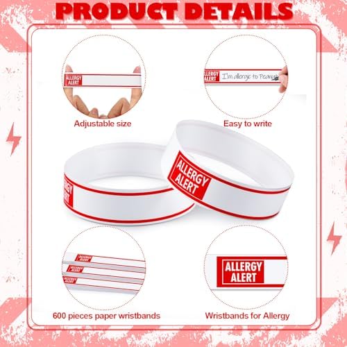 AmazingSpark 600 Pcs Red Allergy Bracelets Alert Warning Paper Wristbands Disposable Hospital Patient Bracelets ID Wristbands for Allergy Alert Identification Bands for Sports