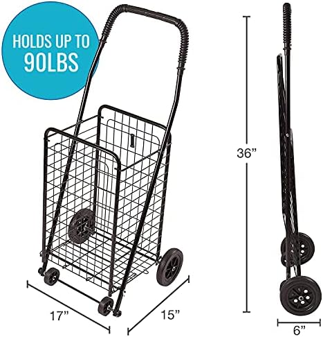 DMI Utility Cart with Wheels to be used for Shopping, Grocery, Laundry and Stair Climber Cart, Weighs 7.5 Pounds but holds up to 90 Pounds, Compact and Foldable, Black