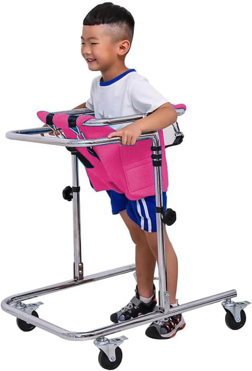 Folding Walker for 31-47in Children, Adjustable Kids Walking Frame with Wheels and Seat, Mobility Rollator for Cerebral Palsy Rehabilitation and Daily Walking Support (Pink)