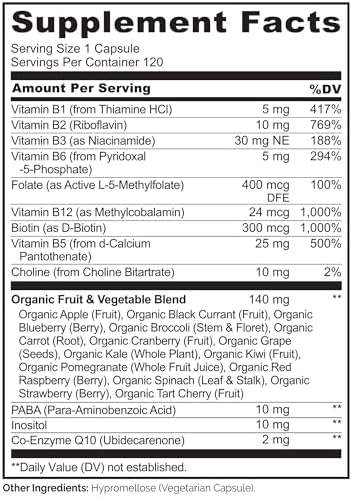NATURELO Vitamin B Complex,120 Capsules, Vegan, CoQ10, Methyl Folate, Biotin, Fruit & Veg Blend, Supports Energy and Healthy Stress Response, Super B Complex Vitamins for Women and Men