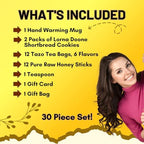 Tea Honey And Cookies Lovers Gift Basket Set Care Package For Women, Men, Family and Friends, Get Well Soon, 12 Teabags Assortment 6 Flavors, 2 Packs Shortbread Cookies, 12 Honey Straw With 14oz Mug