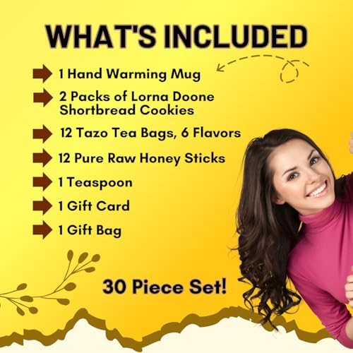 Tea Honey And Cookies Lovers Gift Basket Set Care Package For Women, Men, Family and Friends, Get Well Soon, 12 Teabags Assortment 6 Flavors, 2 Packs Shortbread Cookies, 12 Honey Straw With 14oz Mug