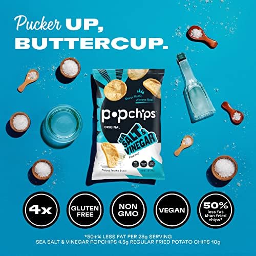 Popchips Potato Chips, Sea Salt & Vinegar, 4ct 5.0oz Share Bags, Low-Calorie, Gluten Free, Salty Snacks for Adults and Children, Non-GMO, Vegan & Kosher Friendly, 130 Calories Per Serving